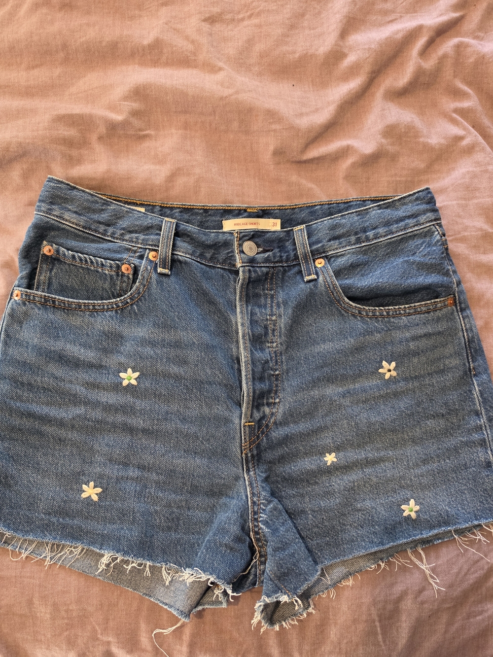 Levi's Blue Denim Jean Shorts with Small Embroidered Flowers